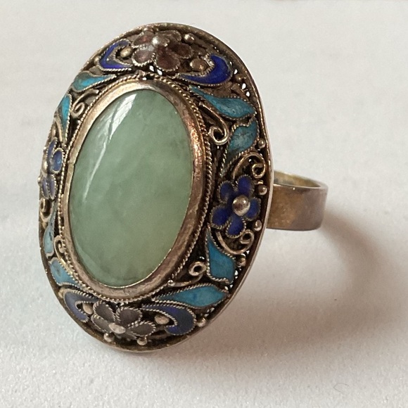 Vintage Chinese Export Jade Enamel Floral Adjustable Ring - Picture 3 of 13
